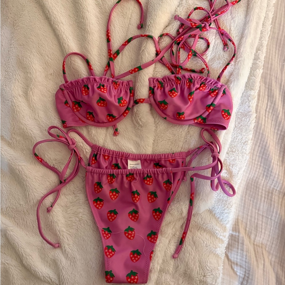 Strawberry Milk Mob Pink Strawberry Print Tie-Side Bikini (worn once)